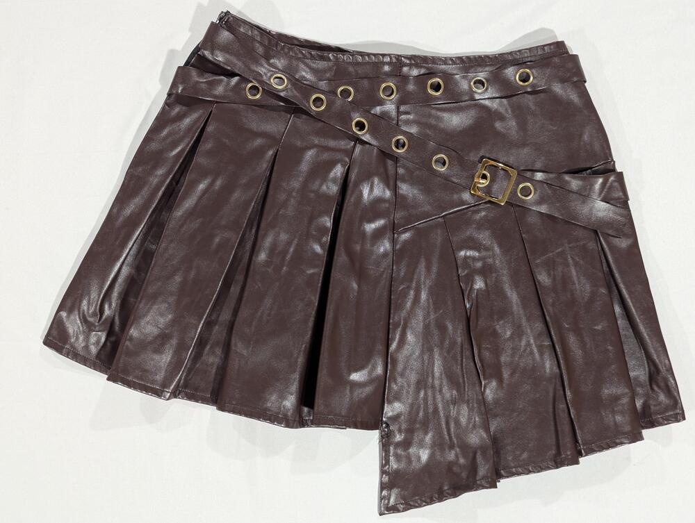 Modern Hero Skirt Womens S/M Brown Faux Leather Pleated Belted Asym Mini Party